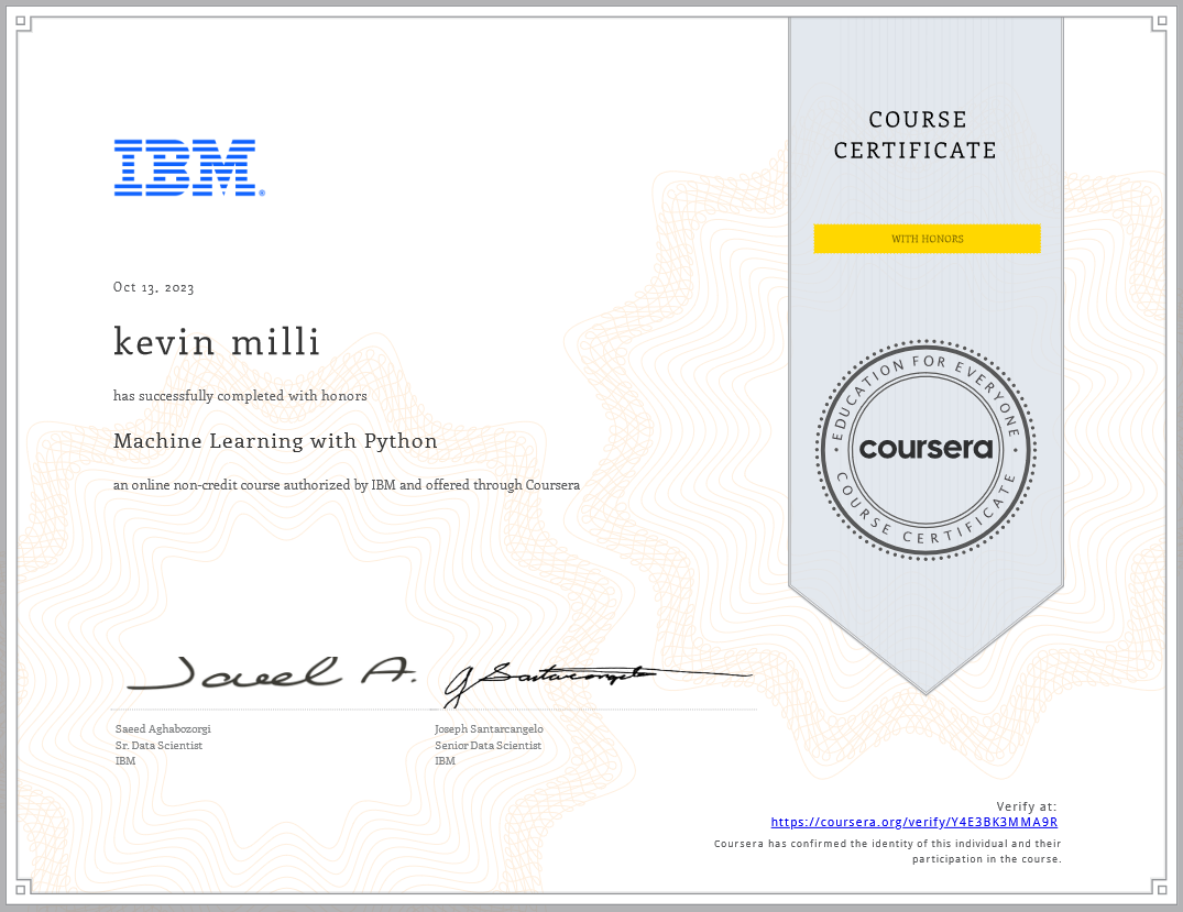 machine learning certification with Honors